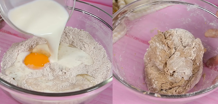 Trộn bột cùng trứng gà và sữa tươi đến khi hỗn hợp hòa quyện, tạo thành khối